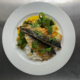 British mackerel fillets with marmalade, sticky rice, bok choi charred spring onions ginger and soy