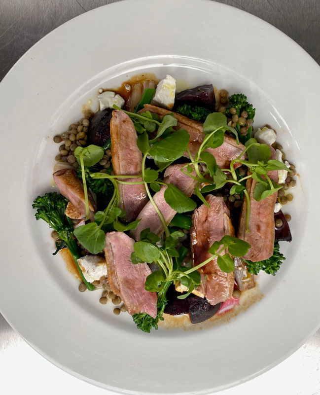 Duck, beetroot, lentil, watercress, broccoli and ash rosary goats cheese